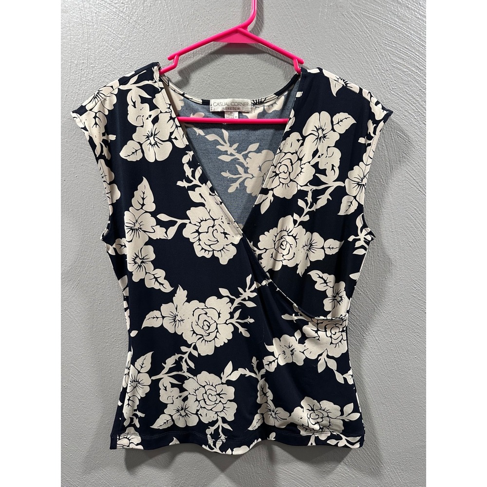 Casual Corner Stretch Navy Blue Cream Floral Faux Wrap V-Neck Sleeveless Top M